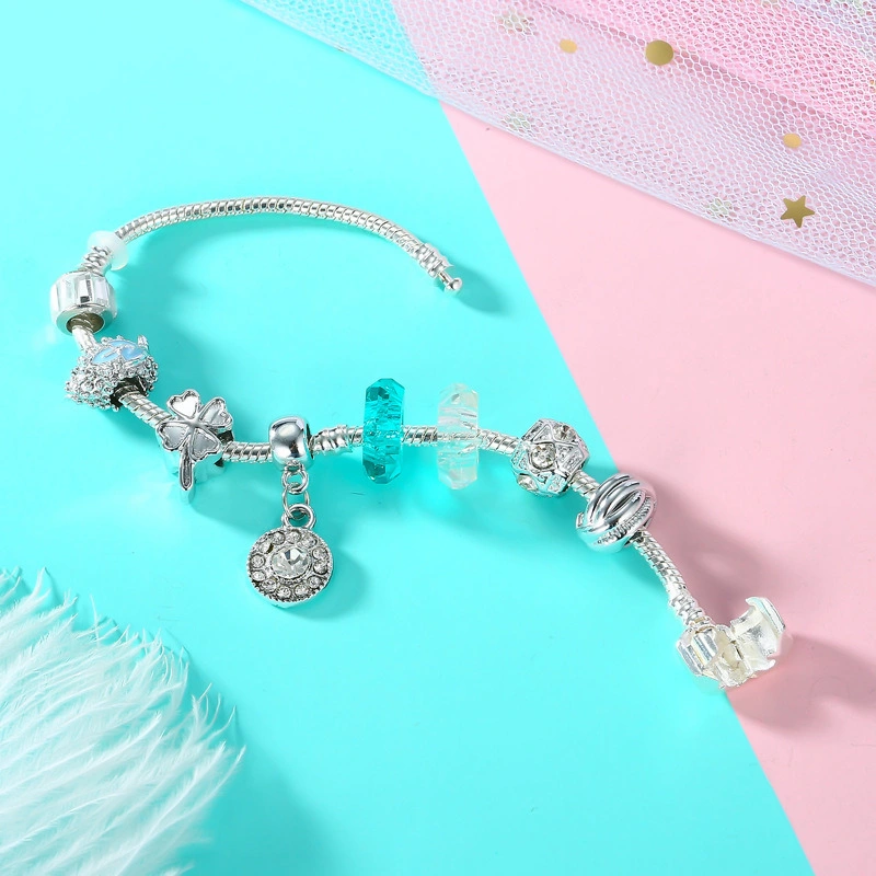 Summer Style Silver Charm Bracelets Bangles Blue Crystal/Glass Beads Women Bracelets Esg13590