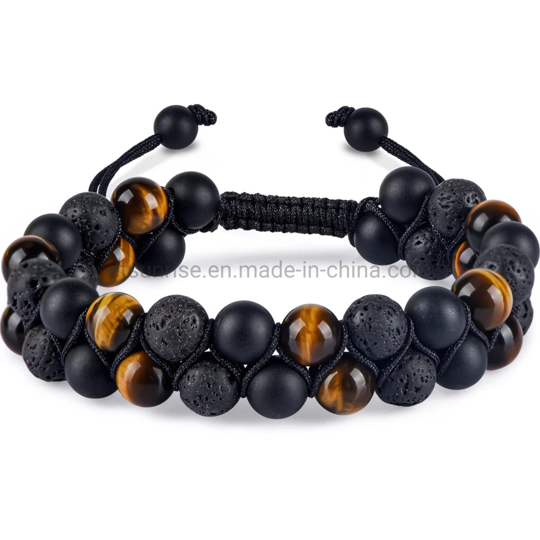 Customized Handcrafted Men Bracelet 6mm 8mm 10mm Stone Beads Hematite Blue Tiger Eye Black Agate Raw Stone Handcrafted Double Layer Bracelets