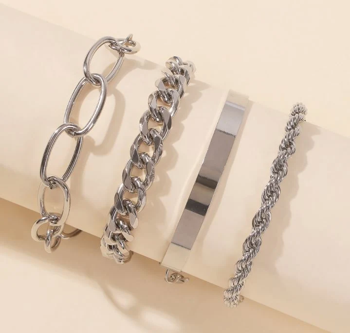 Popular Cool Punk Rock Chain Adjustable Bracelet Set Long Alloy Metal Bangle Bracelet for Women